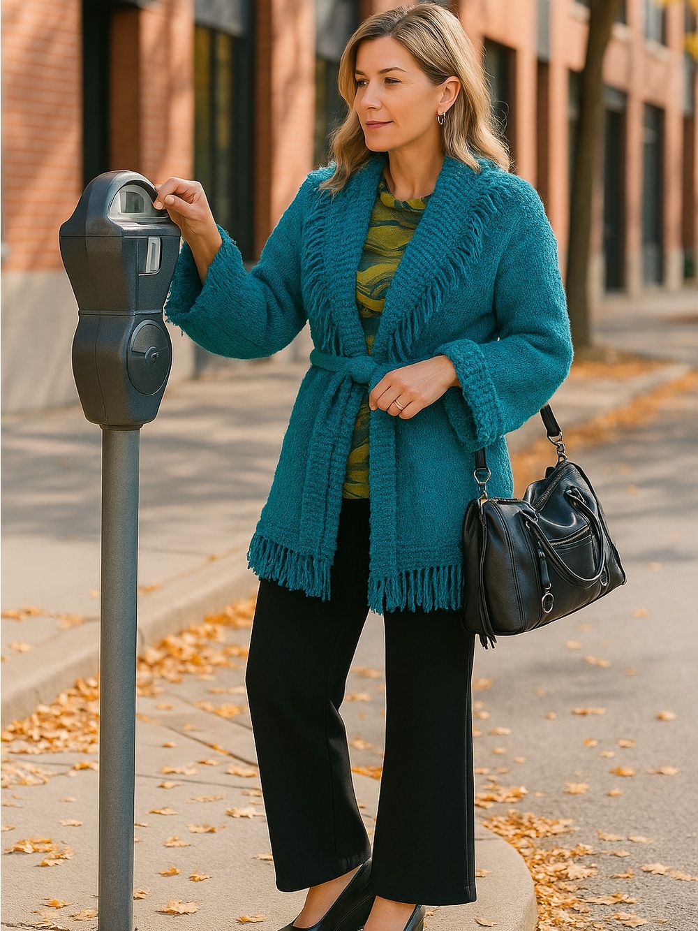 NWT POL Teal Fringe Belted Shawl Collar Cardigan